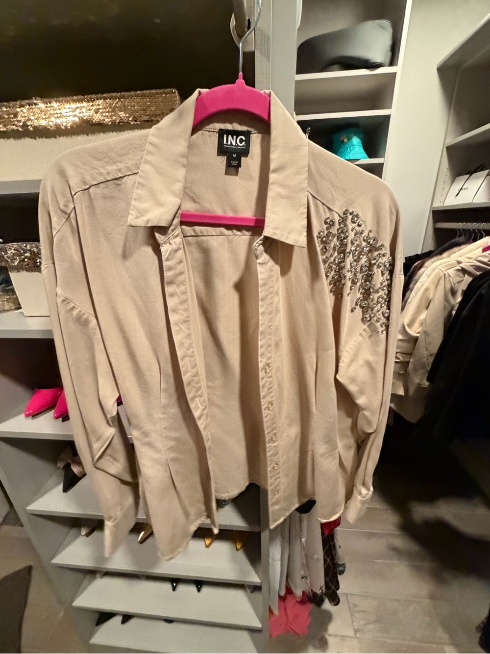INC International Concepts Beige Button-Down Shirt with Shoulder Embellishment
